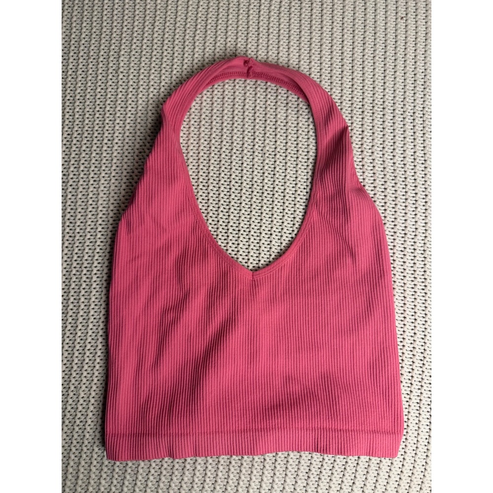 Sunday Best Pink Ribbed Halter Top V-Neck Crop Top Medium